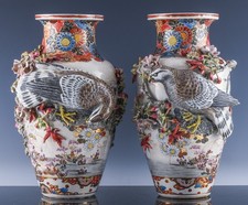 IMPRESSIVE LARGE PAIR c1900 JAPANESE MEIJI SATSUMA HAWK BIRD FIGURAL VASES