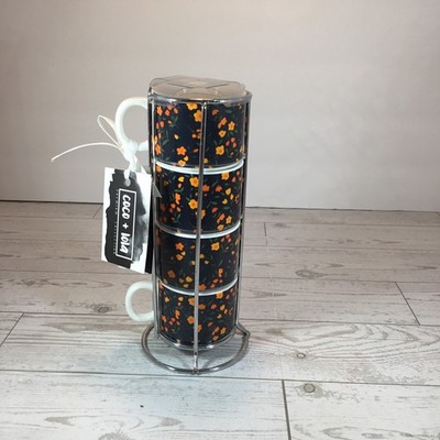 Set Of 4 Stackable Espresso Cups, Floral Pattern, Bone China, By Coco + Lola