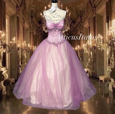 Vintage Y2K beaded tulle strapless sweetheart ball gown dress purple pink |  eBay