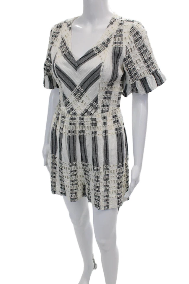 Ett: Twa By Anthropologie Womens Striped Eyelet V Neck Romper White Black Size 6 - Image 2 of 4