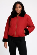 Ladies Bomber Jacket Jones Wear Red Collared Black Fur Golden Zip  Size L