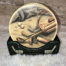 VINTAGE GOLF STONEWARE Coaster Set and Green Ceramic Holder Outdoors Indoors EUC