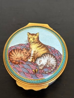 Vintage Halcyon Days Emaille Topf Katzen und Schmetterlinge Schmucktopf