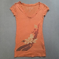 Aeropostale Shirt Womens XS Orange V Neck Short Sleeve Floral Graphic Tee