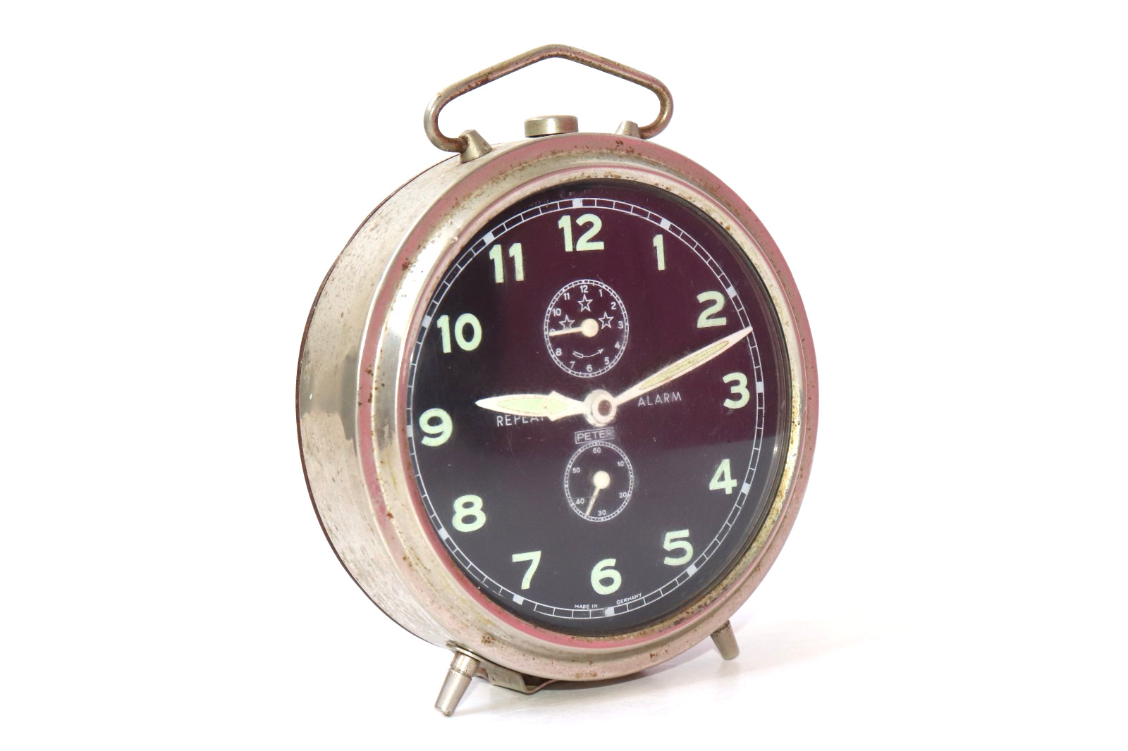 Antique Repeat Peter Mechanical Wind Up Alarm Clock Made In Germany.