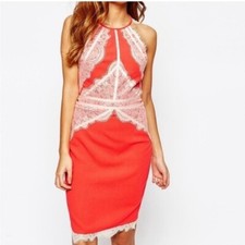 Lipsy London US4 Lace Midi dress orange sleeveless halter neck pencil wedding