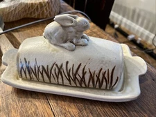 pottery butter dish with lid/handmade/bunny/CT pottery/2012 9 1/2 x 5 x 4