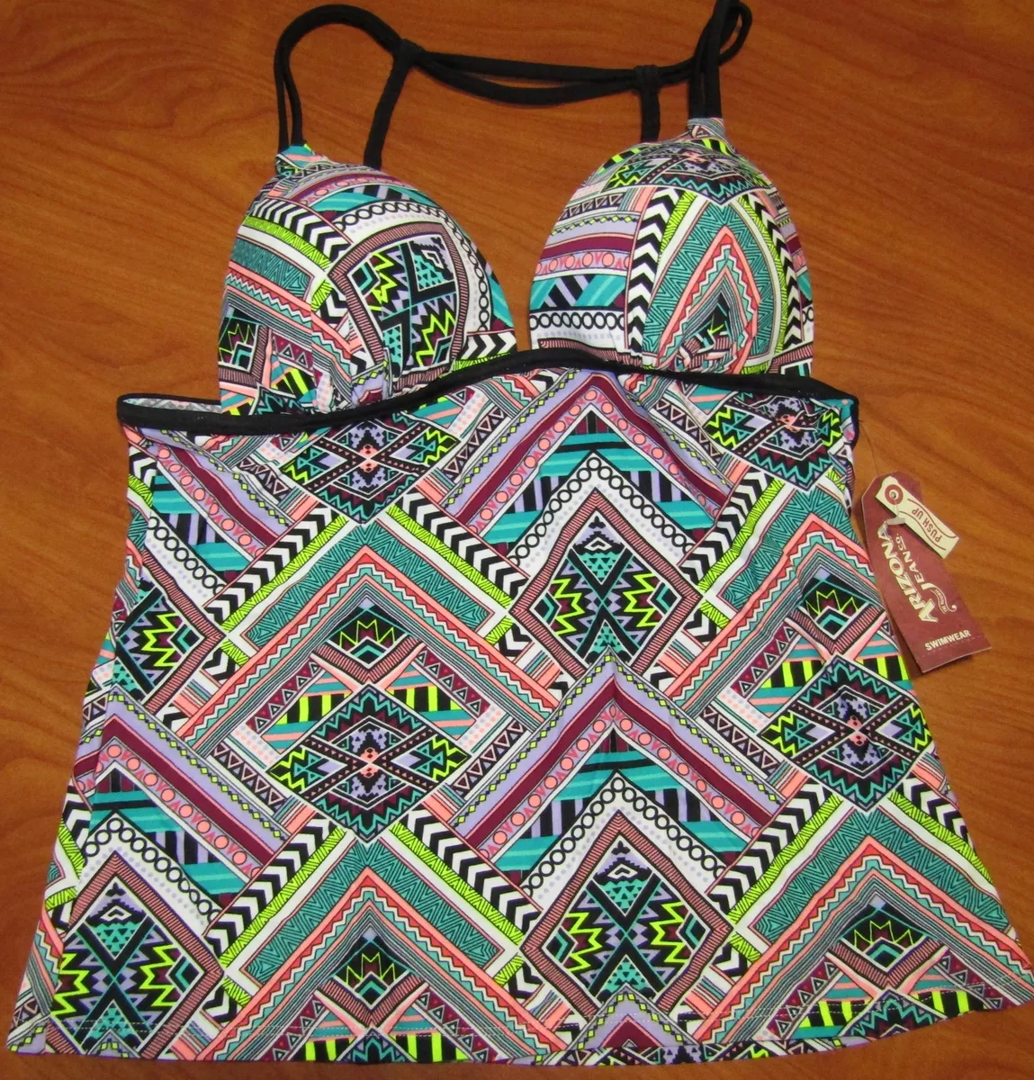 NEW ARIZONA WOMENS BLACK GEOMETRIC DESIGN PUSH UP TANKINI SWIMSUIT TOP SZ M