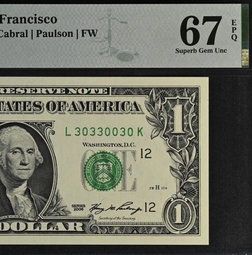 2006 $1 Federal Reserve Note PMG 67EPQ Superb Gem Fancy Serial Number 30330030