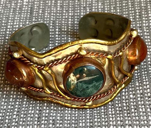 Bracelet Vintage Brutaliste En Laiton Et émaux - France Années 1970 - Occasion