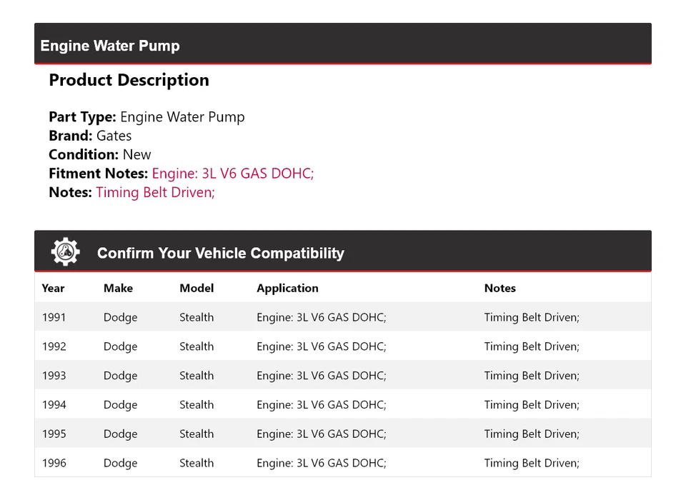 Para 1991-1996 Dodge Stealth 3L V6 GAS DOHC motor bomba de água portões 1992 1993 - Imagem 2 de 4