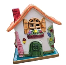 Ceramic Clay Works Cottage House Hand Painted Tea Light Holder