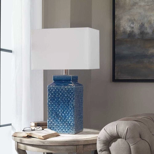 PERO AGED TEXTURED BLUE GLAZE CERAMIC TABLE LAMP BRUSHED NICKEL METAL 27229 - Picture 1 of 4