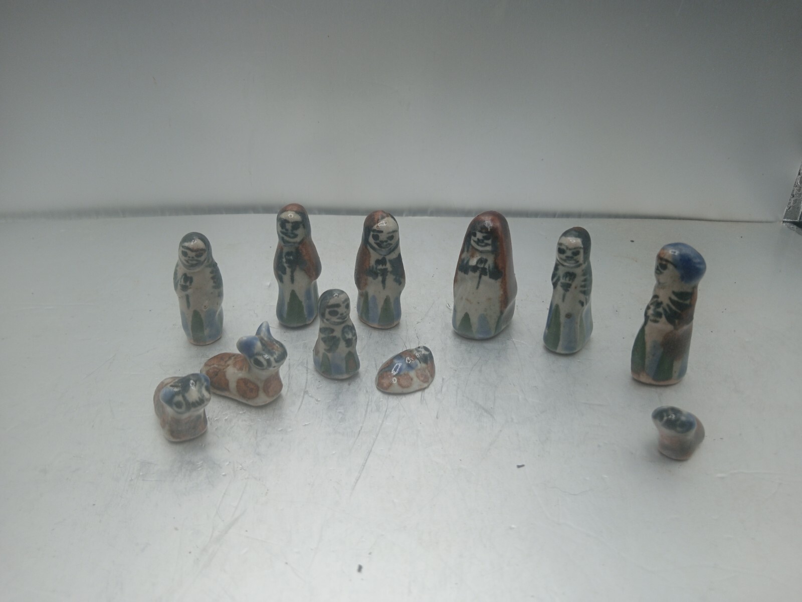 Vintage 11 pcs NATIVITY Set MEXICAN Folk Art POTTERY Blue Ceramic TONALA SYTLE
