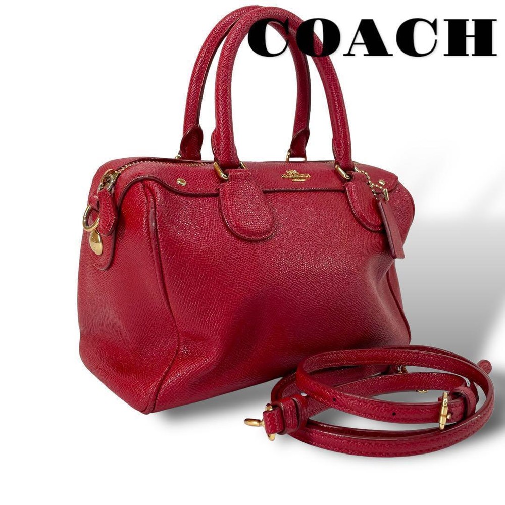 COACH Shoulder Bag Red leather Women 2way Crossbody charm mini Boston.