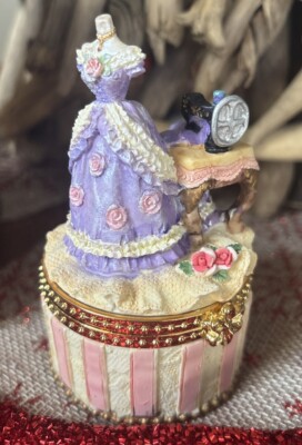 Ceramic Hinged Trinket Stash Box. Hat Box With Sewing Machine and Mannequin Gown