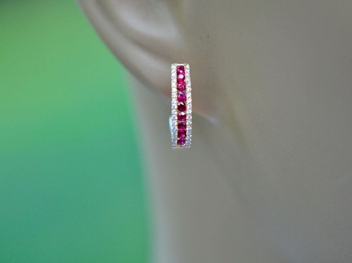 Created Red Ruby 2Ct Round Cut Diamond Hoop Women Earring 14K Yellow Gold Plated - Picture 4 of 5