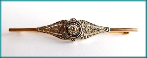 18kts Yellow Gold & Platinum PIN / BROOCH w/ Diamonds & Synthetic Blue Sapphires