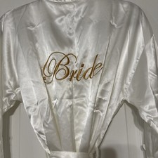 White "BRIDE" Robe Lace Sleeve, Gold Embroidery , Belted Medium
