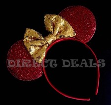 Minnie Mouse Ears Headband Sparkly Red Ears Gold Bow Birthday Party Favors CUTE