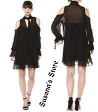 NWT BCBG MAXAZRIA SIZE S ARIETA COLD-SHOULDER TIE-NECK RUFFLE DRESSMSRP 198
