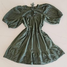 Old Navy Sz M Puff-Sleeve Tiered Embroidered Mini Swing Mini Dress Green Boho