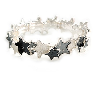 Dunkelgrau/grau/metallic Emaille Stern Flex Armband in silberfarben - 20 cm lang