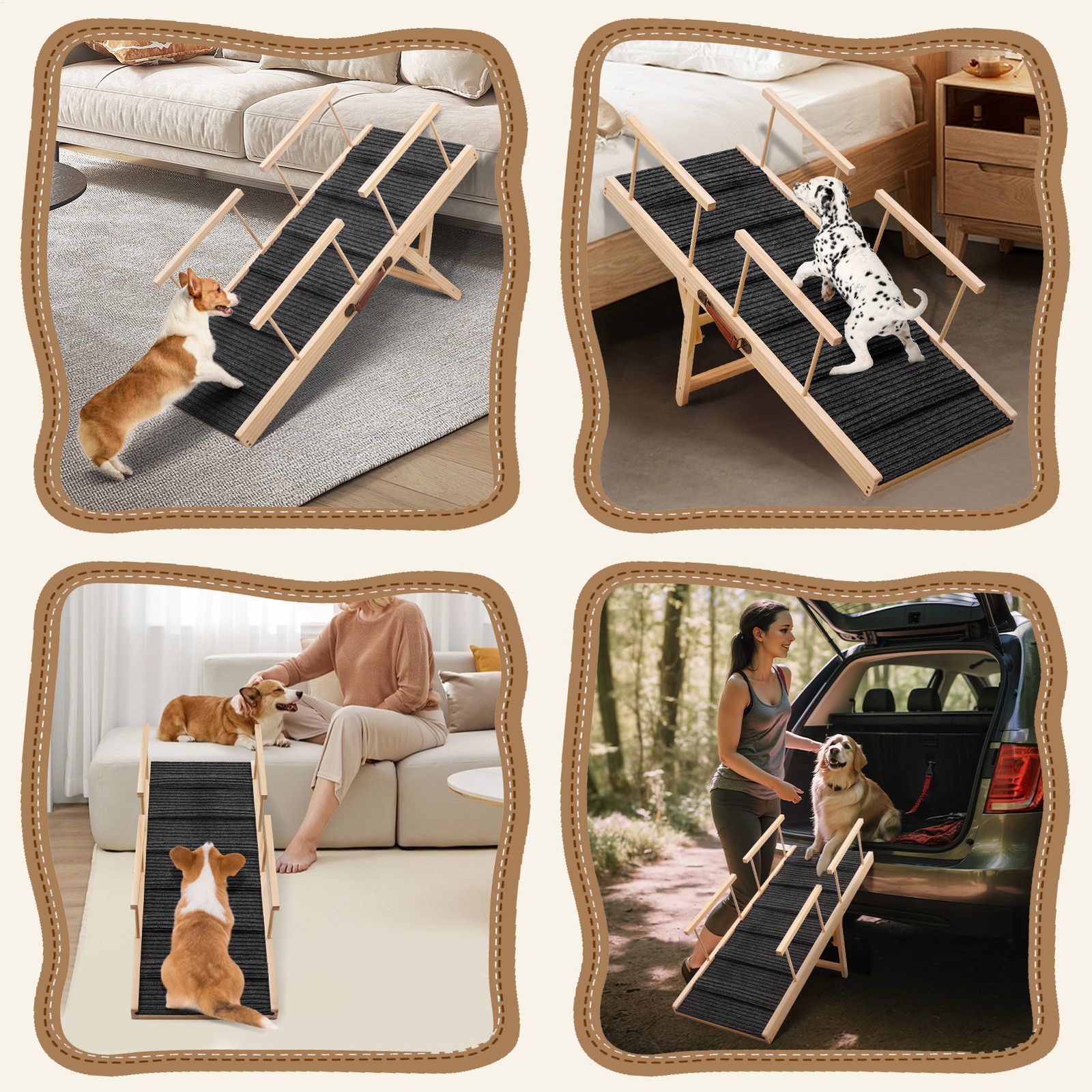 Folding Wooden Dog Ramp for High Bed Adjustable Pet Ramp Non-Slip Stair