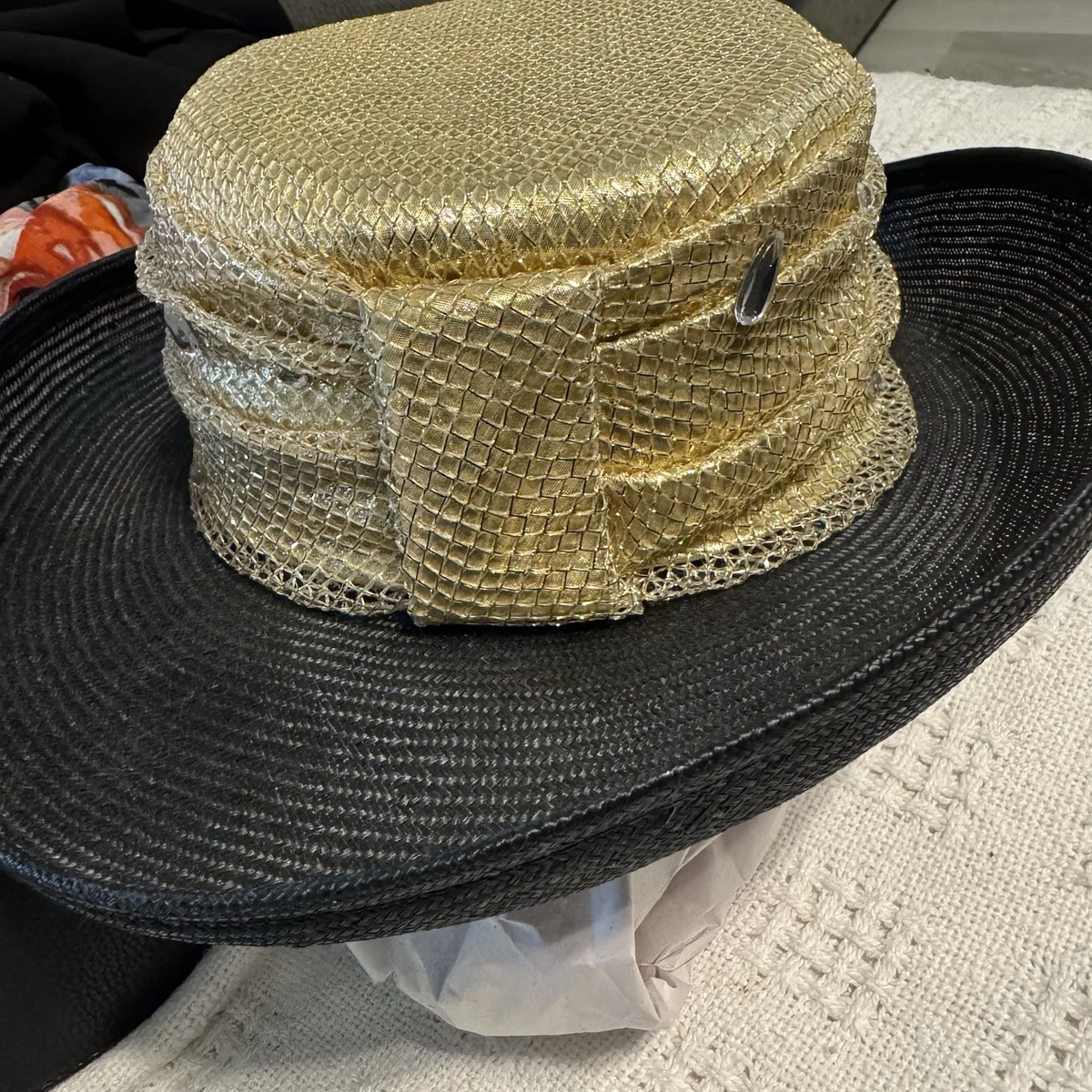 IMPORTINA SAKS FIFTH AVENUE HAT BLACK WIDE BRIM LEOPARD ANIMAL ACCENT BAND Leopard Print Fedora Hat, Animal Print Vintage Hat, Womens  main image 2