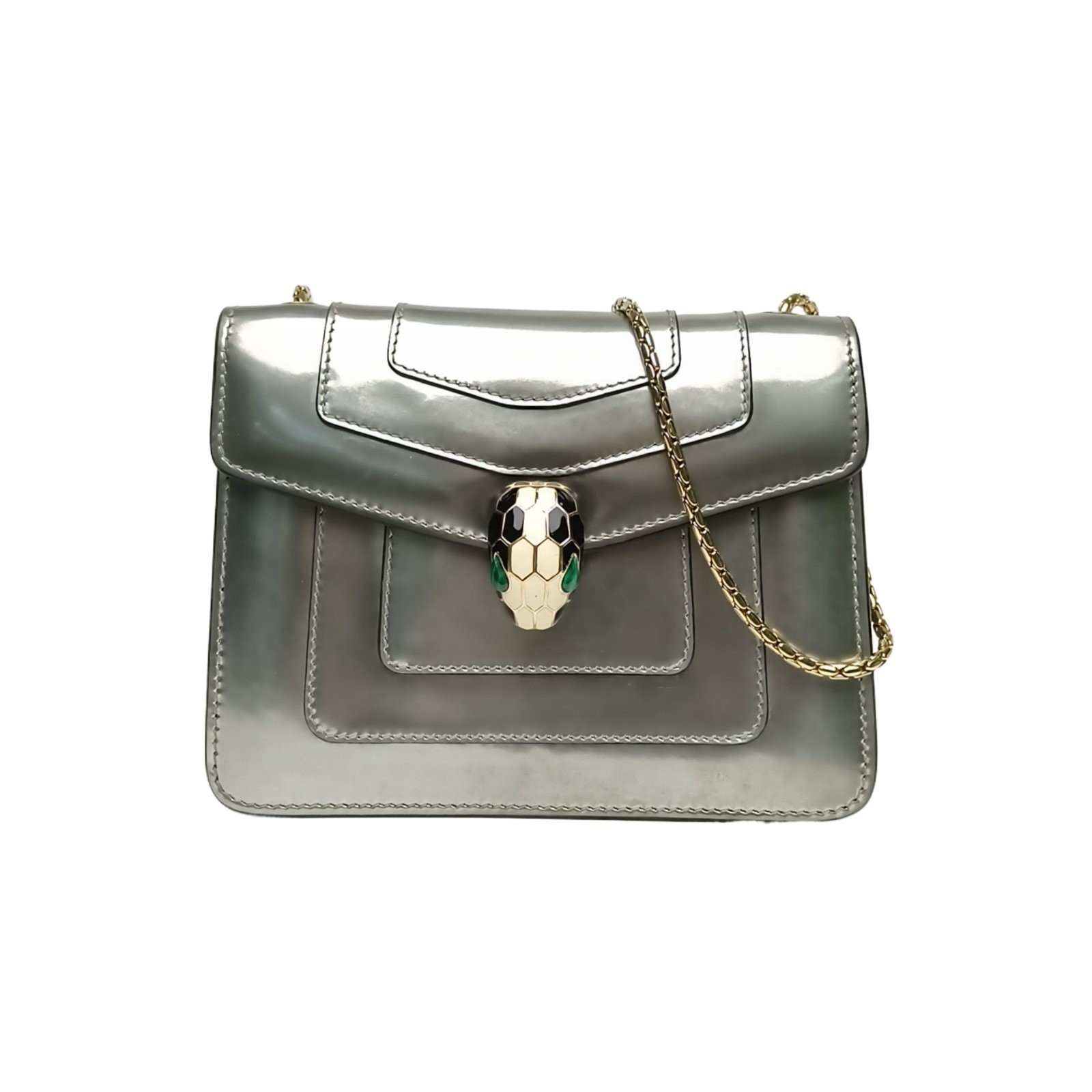 BVLGARI Serpenti Forever Chain Square Version 20cm Silver Calfskin Crossbody Bag
