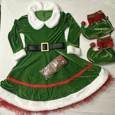 Women Christmas Elf Costume Green Velvet Dress Set w/Belt, Shoes,Tights. NO  HAT | eBay