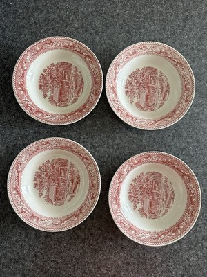 RED TRANSFERWARE  S/4 Vintage  Memory Lane 8.5'' Rimmed Soup Bowl IRONSTONE