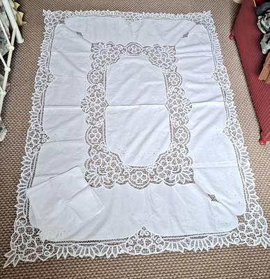 NEU VINTAGE HANDGEFERTIGTE BATTENBURG SPITZE WEISS BAUMWOLLE TISCHDECKE & SERVIETTEN 183x137cm
