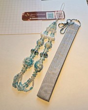 Handmade Keychain Beaded Phone Charm  Upcycled Fabric Wristle Baby Blue Set