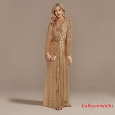 Women's Luxury Long Sleeve V-neck Evening Dress Party Sequins Dress