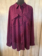Charter Club Long Sleeve Two-Pocket Button Up Tunic Top SZ XL Fushia/Navy