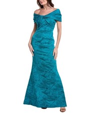 Teri Jon By Rickie Freeman Jacquard Off Shoulder Twist Bodice Gown Women's Blue