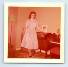 Old Vintage Square Color Photo SOLO WOMAN IN DRESS BY PIANO IN LIVING ROOM