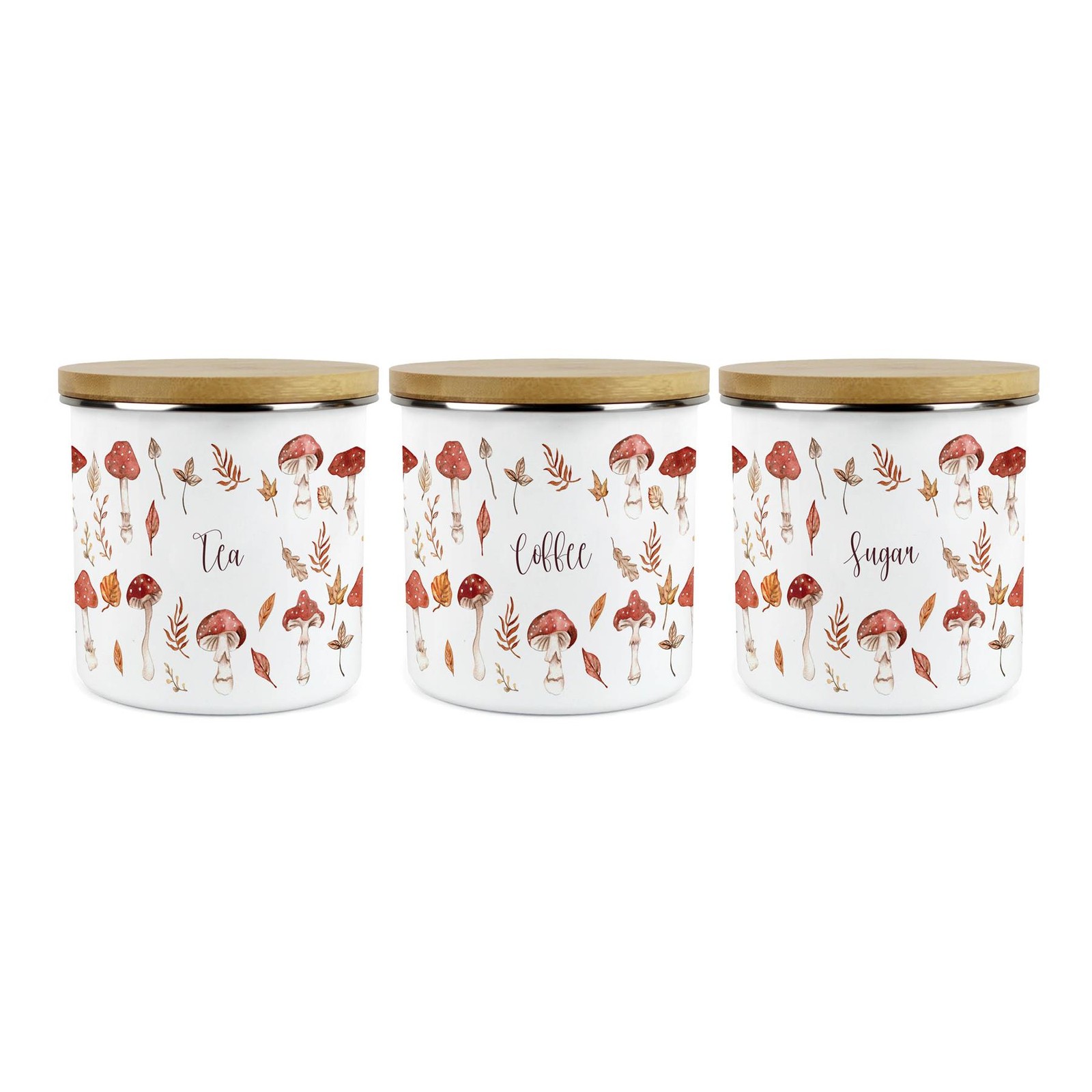 Purely Home Watercolour Mushrooms Tea Coffee Sugar Canisters Set - Autumnal Leaves & Toadstools Seasonal Homewares Kitchen Gift - Enamel Hot Drinks/Food Storage Container Set of 3 - Image 2