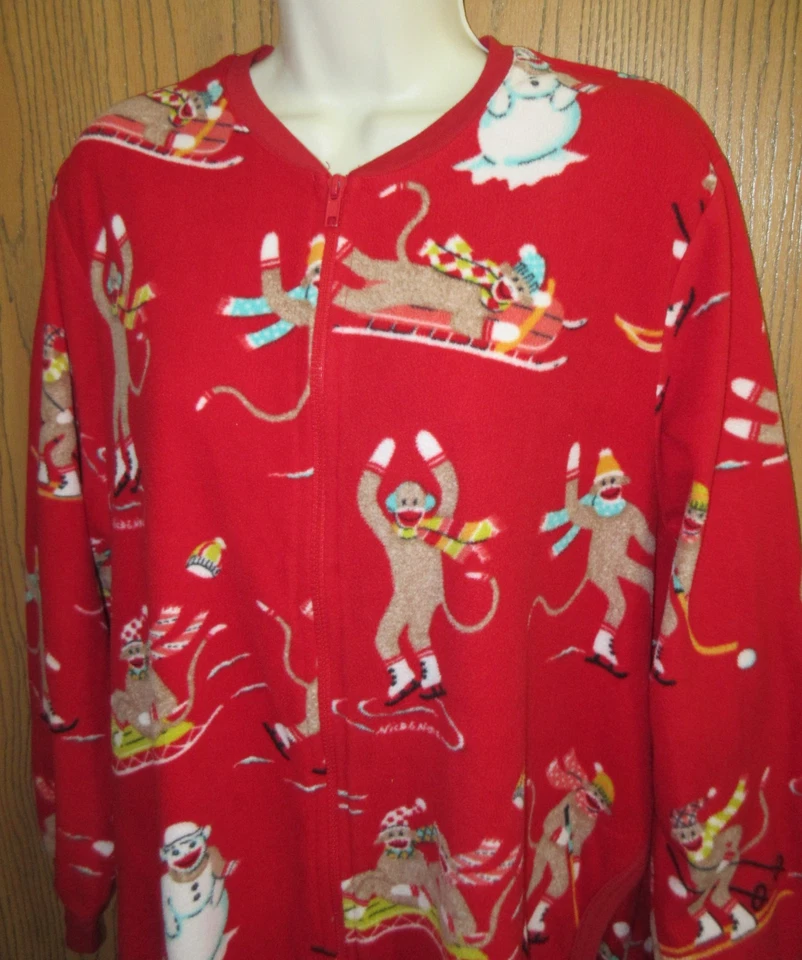 NICK & NORA unisex 100% fleece one piece long john RED SOCK MONKEY pajamas XXL - Image 3 of 4