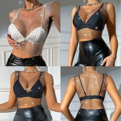 Netz Top schwarz weiß Transparent hot Club gogo dance Party glam Steine