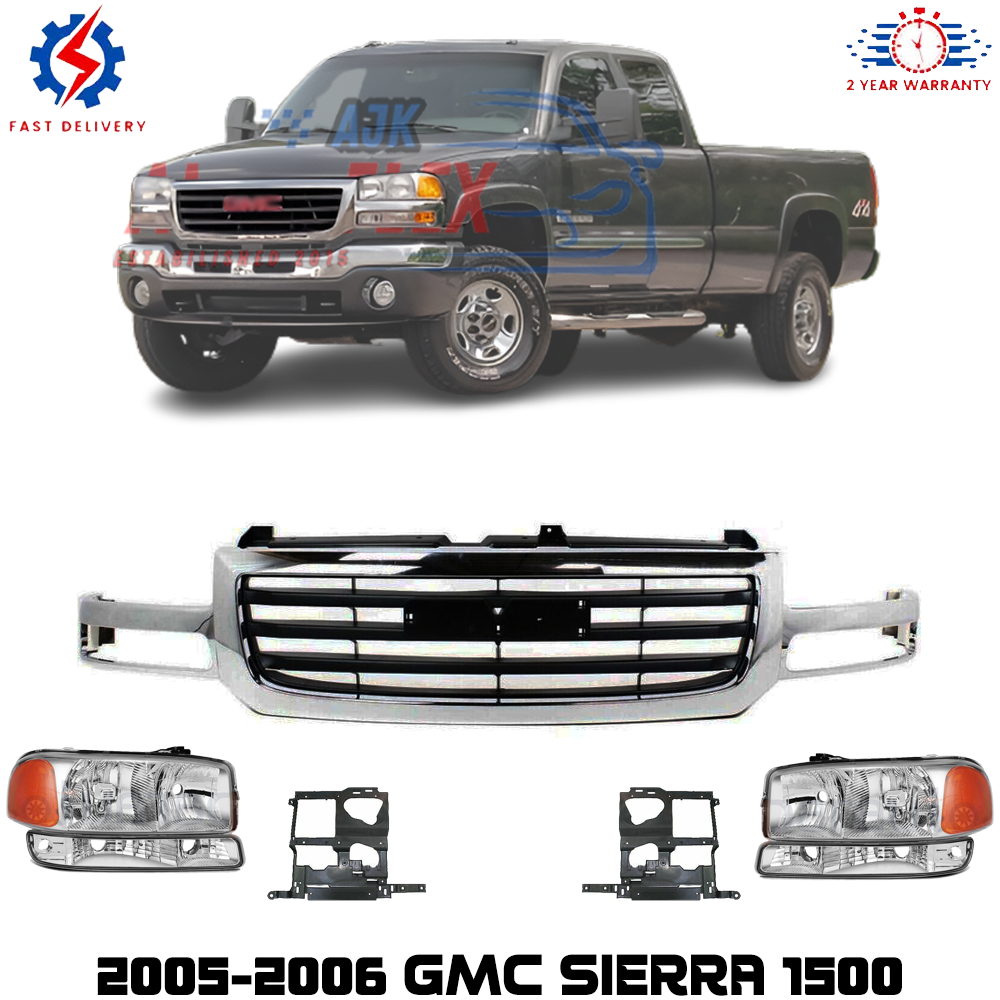 Front Bumper Grille & Headlight Assembly Kit For 2005-2006 GMC Sierra 1500