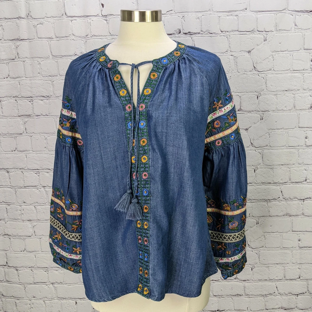 Chelsea Theodore Small Blouse Denim Embroidered Tunic Boho