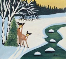 Deer by the Stream Folk Art Print Maud Lewis Early 1900s Charming Country Scene