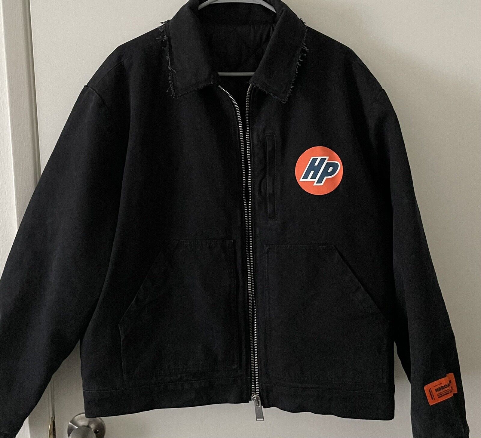 NEW Large Heron Preston HP washed black canvas work jacket