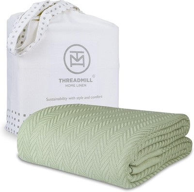 All-Season Luxury Herringbone Cotton Blanket | King Size 106'' x 92'' | Sage Green