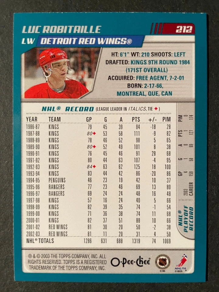 Luc ROBITAILLE 2003-04 O-Pee-Chee Hockey #212 Detroit Red Wings - Image 2 of 2