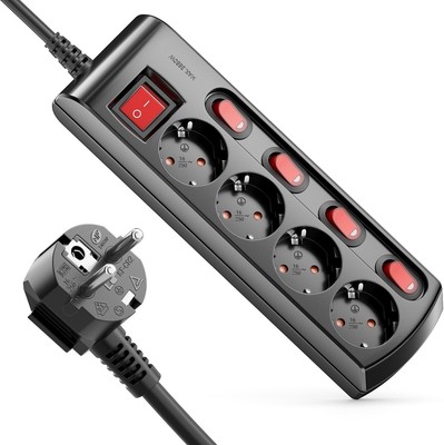 Power Strip 4-Way Individually Switchable 3 m Cable Power Strip Multiple Socket