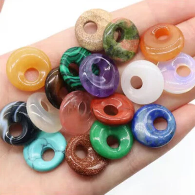18mm Natural Crystal Quartz Stone Gogo Hole Donut Pendants Chakra Beads Jewelry - Image 1 of 4