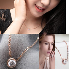 18" Rose Gold Stainless Steel Love Round 0.25cts CZ Pendant Necklace Gift PE11
